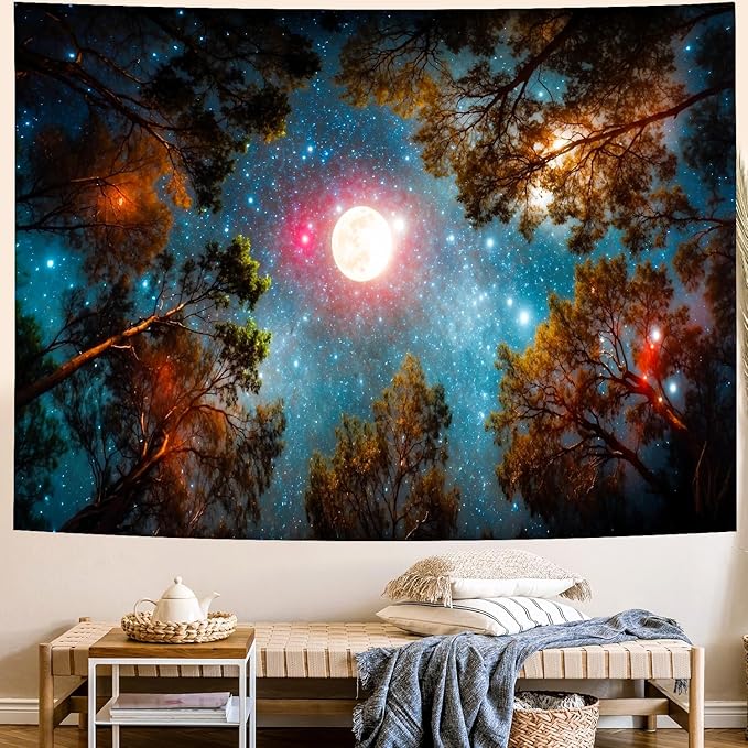Delur Forest Tapestry Galaxy Moon Stars Night Space Starry Sky Wall Hanging Tapestry Aesthetic Tree Nature Landscape Psychedelic Headboard for Bedroom Living Room Home Decor (51.2" x 59.1")