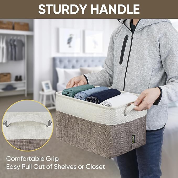 BALEINE 3 Pack Fabric Storage Bins for Shelves, Linen Storage Baskets for Organizing, Decorative Closet Bins for Clothes, Home (Brown, 15"x11"x9.5") 