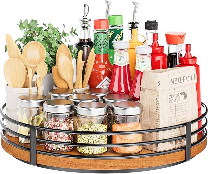 12" Lazy Susan Turntable Organizer - Oak Wood Lazy Susan for Cabinet Kitchen Countertop Dining Table Pantry Cupboard Bathroom Coffee Bar Storage Spice Rack Home Decor