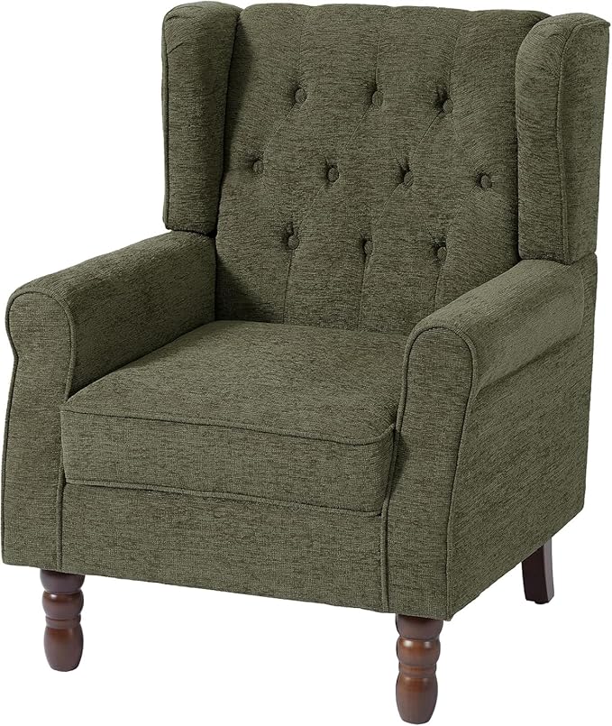 UIXE High Back Accent Chairs Set of 2, Upholstered Armchair in Fabric for Living Room, Retro Wingback Arm Chair Comfy Single Sofa Bedroom Reading Seat with Solid Wood Legs - Green