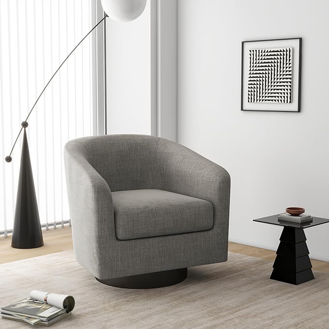Swivel Barrel Accent Chair, Modern Round Linen Arm Chair for Living Room, Bedroom, Comfy Club Reading Chairs for Adults(Linen Fabric, Khaki, Set of 1