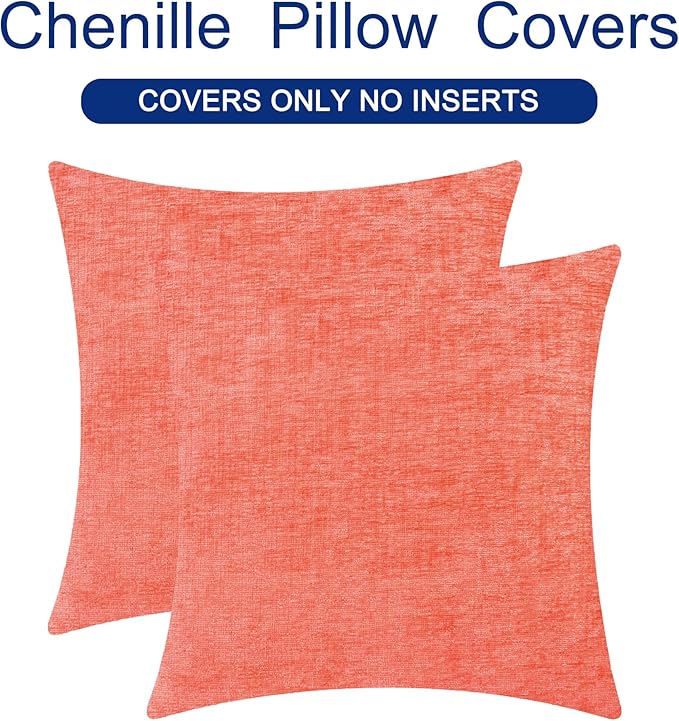 CaliTime Throw Pillow Covers Decorative 20 X 20 Inches Pack of 2 Cozy Chenille Cushion Cases for Couch Sofa Bed Living Room Home Living Coral