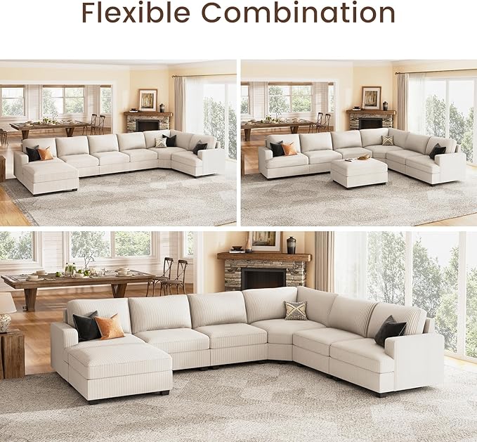 Nolany Modular U-Shape Oversized Corner Sectional Sofa with Storage Ottoman, Corduroy Fabric, Beige, 72.9"D x 128.5"W x 35"H