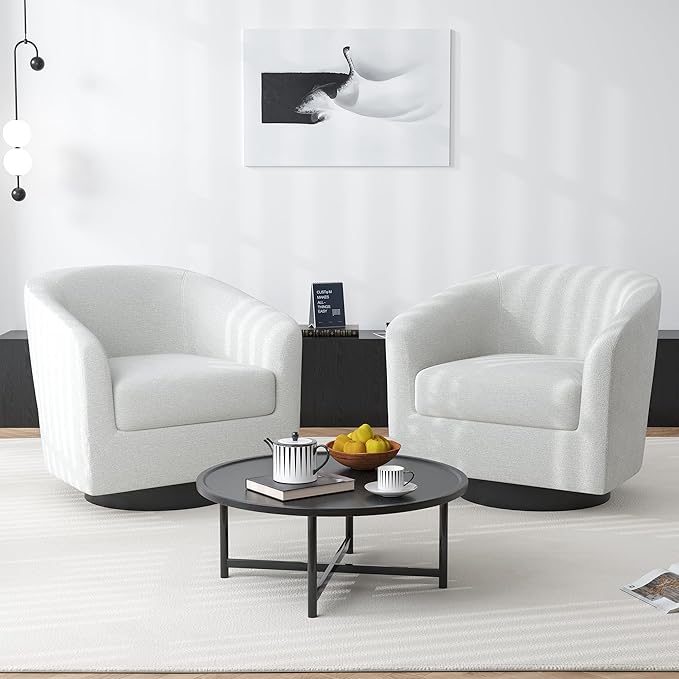 Swivel Barrel Accent Chair, Modern Round Chenille Fabric Arm Chair for Living Room, Bedroom, Comfy Club Reading Chairs for Adults(Chenille Fabric, Beige, Set of 4