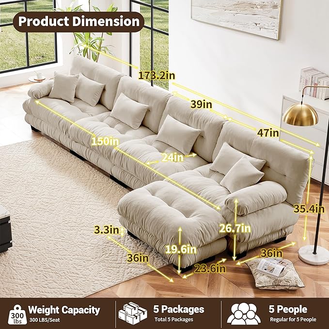 L Shaped Couch Sectional Couch, 4-Seater Cloud Couch Sectional Oversized Couch, Sofa Bed Couch with Round Bolster Armrests 6 Pillows, Modular Couch Home Sofa Living Room Couch