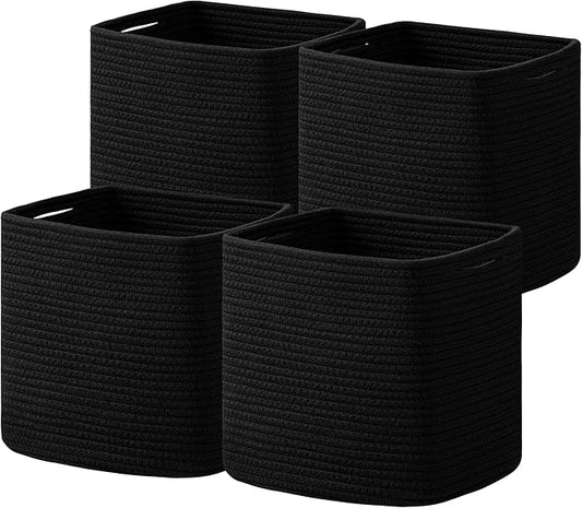 joybest Cube Storage Bins Set of 4, 13inch Cube Baskets Organizer for Nursery, Square Cotton Rope Baskets for Shelves Organizing, Kids Toy, Closet Storage, Black