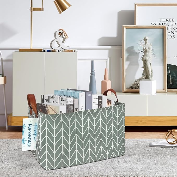 LANGYASHAN Rectangular Storage Bin Collapse Canvas Fabric Cartoon Storage Basket with Handles for Organizing Home Kitchen Boys and Girls Toys Office Closet Shelf Baskets (Rec Grey Point)