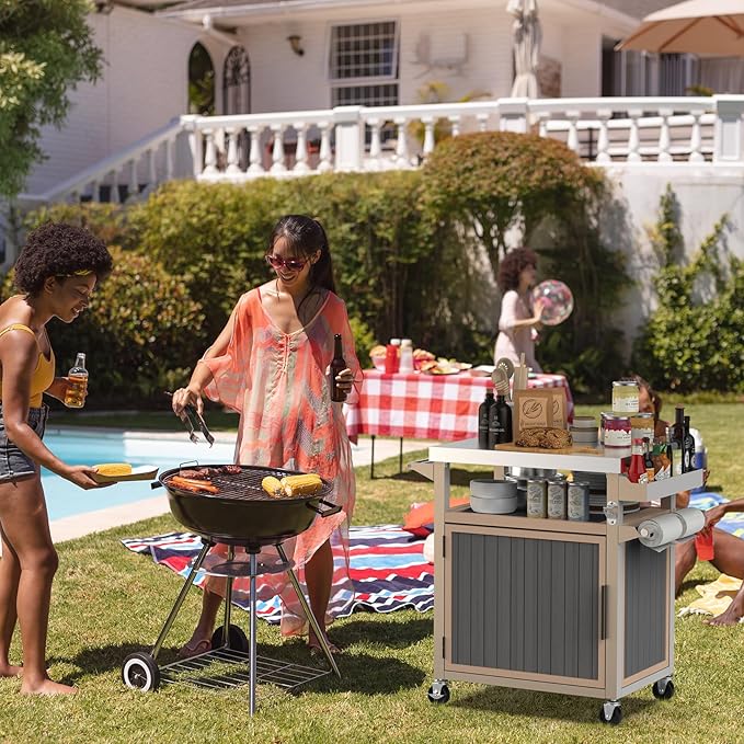 Skyflame Outdoor Grill Cart with Storage on Wheels, Rolling Kitchen Island with Stainless Steel Table Top, Multifunctional BBQ Food Prep Table with Magnetic Single Door for Patio Backyard Garden Deck
