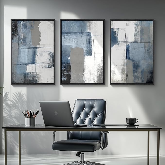 Large Framed Navy Blue and Grey Abstract Wall Art for Living Room, 3 Piece Modern Canvas Prints Paintings Artwork for Walls, Minimalist Abstract Pictures Wall Decor for Hallway Office Bedroom 24x36 In