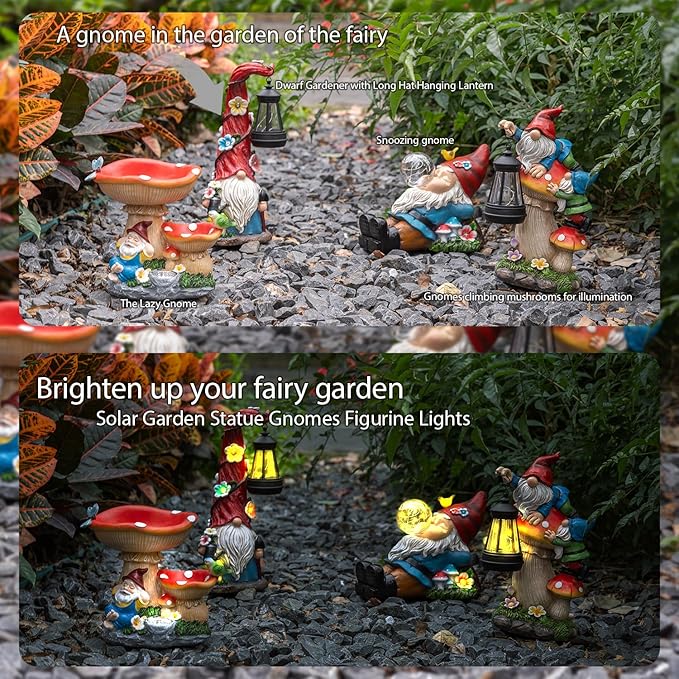 TIJNN Solar Garden Statue Gnomes Figurine Lights,Funny Gnomes Standing on Mushrooms with Lanterns, with Lanterns Outdoor Yard Decorations for Patio Porch Home, Garden Gifts for Women Mom