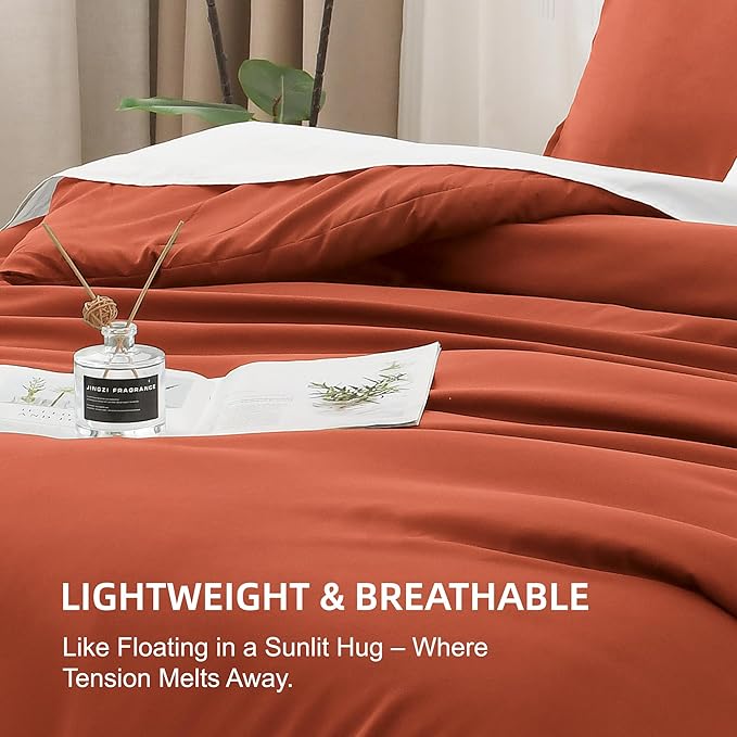 Litanika Comforters Burnt Orange Oversized King Size, 3 Pieces Lightweight Solid Bedding Comforter Set, All Season Fluffy Bed Set (120x98In Comforter & 2 Pillowcases)