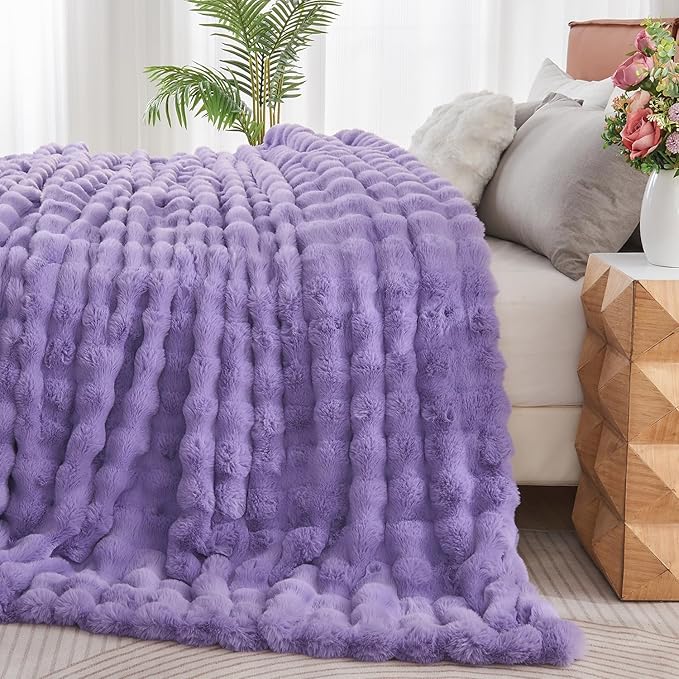 Lotus Karen Faux Fur Throw Blanket Purple - Big Bubble Rabbit Fluff King Blankets for The Bed,Softest Fluffy Fuzzy Cozy Blanket,Thick Furry Plush Shaggy Warm Blankets for Women,108x90 Inches