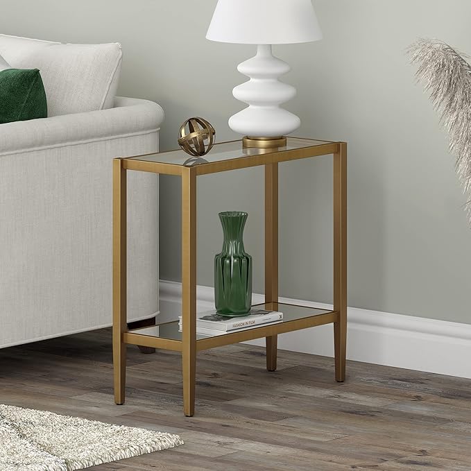 Henn&Hart 24" Wide Rectangular Side Table with Glass Shelf in Antique Brass, Table for Living Room, Bedroom