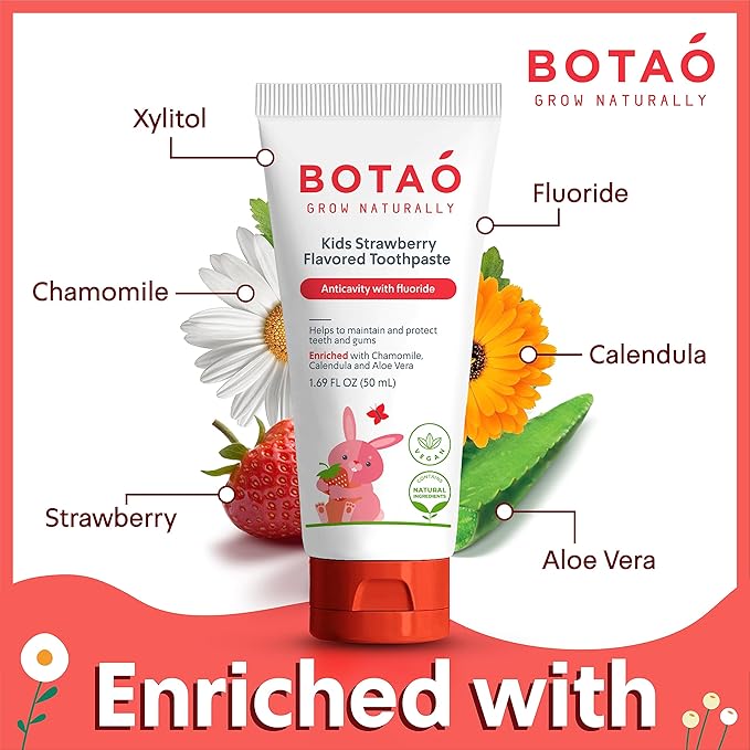 Kids Toothpaste | Natural Strawberry Flavored Anticavity Fluoride Toothpaste Maximum Cavity Protection| EWG Verified, Vegan, SLS Free, Safe to Swallow, Aloe Vera (3Pack)