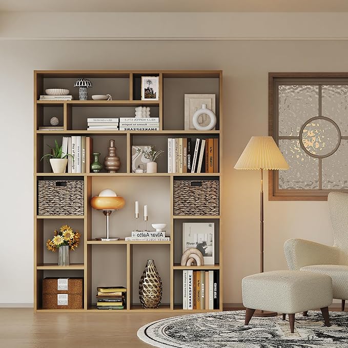 71" Tall 6-Tier Heavy Duty Bookcase with 2 Foldable Storage Baskets, 55" Wide Open Bookshelf with 16 Irregular Cubes for Living Room, Office (Yellow)