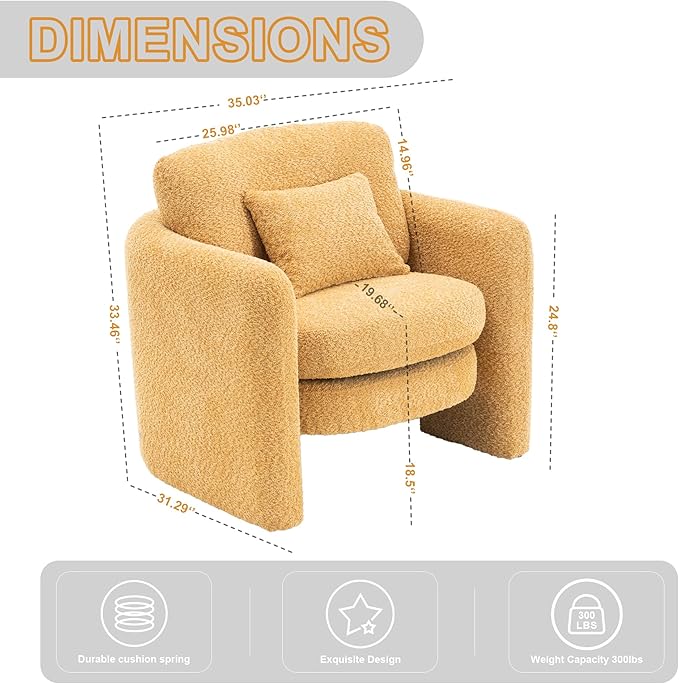 Chenille Accent Armchair Oversize Upholstered Barrel Comfy Modern Round Lounge Sofa Chair with Pillow Cozy Reading Chairs for Apartment,Office,Living Room,Dining,Makeup,Club,Yellow