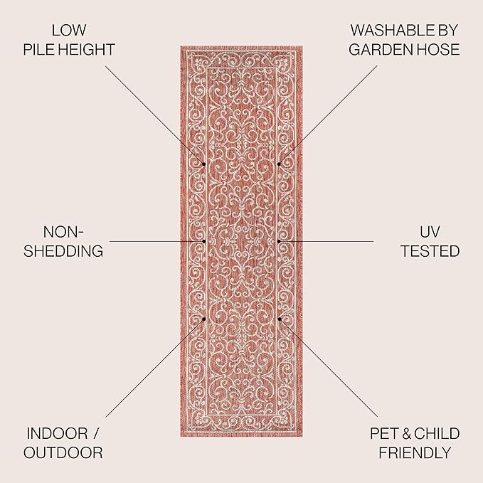 JONATHAN Y Vintage Filigree Indoor Outdoor Runner Rug 2X8 Red/Beige, Charleston Textured Weave for Backyard, Patio, Porch, Easy-Cleaning, High Traffic, Pet-Friendly, Non-Shedding (SMB106B-28)