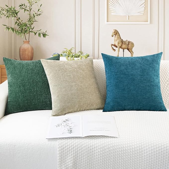 CaliTime Throw Pillow Covers Decorative 20 X 20 Inches Pack of 2 Cozy Chenille Cushion Cases for Couch Sofa Bed Living Room Home Dark Green