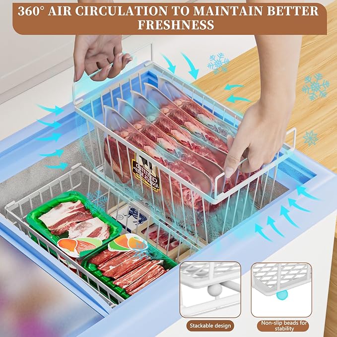 5 Pack Stackable Deep Freezer Organizer Bins ,Upgraded Bottom Leak-Proof net,Encryption and Hardening , Freezer Organizer Bins for 5 to 7 Cu.FT Small Chest Freezer, Easy Get Bottom Foods