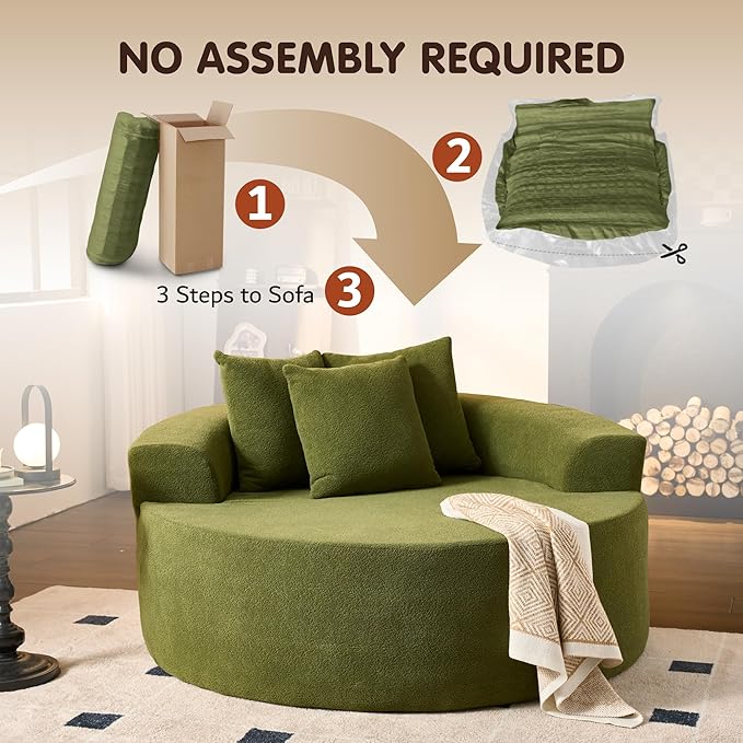 ovios 58" Oversized Round Chair Lounge Chaise Indoor, No Assembly Required, Cloud Large Circle Chair with Plush Fuax Fur, Fluffy Modern Sleeper Sofa Bed for Reading Yoga, Green (Cloud Velvet)
