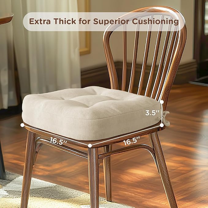 Codi 6 Pack Dining Chair Cushions, Thick Chairs Pads for Indoor Kitchen Room - Washable, Non-Slip Seat Cushion with Ties, 16.5"x16.5"x 3.5", Set of 6, Beige