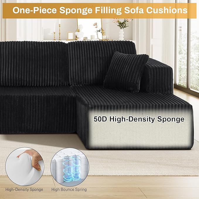 HYJT-H&K Modular Sectional Sofa Cloud Secttional Couch, 132" Comfy U Shaped Couches for Living Room, Deep Seat Memory Foam Fluffy Plush Corduroy Boneless Couch Sectionals with Chaise, Black