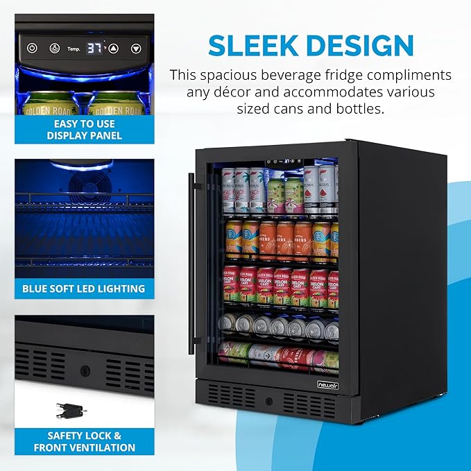 Newair 24" Beverage Refrigerator 177 Can Capacity, Black Stainless Steel Mini Fridge with Built-in Cooler and Glass Door, Cool your Soda, Beer, and Beverages to 37F