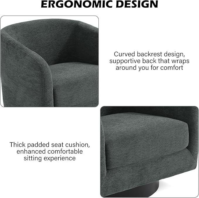 Swivel Barrel Accent Chair, Modern Round Chenille Fabric Arm Chair for Living Room, Bedroom, Comfy Club Reading Chairs for Adults(Chenille Fabric, Grey, Set of 2