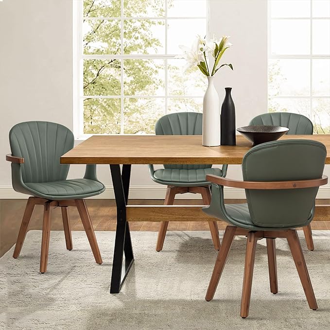 LUNLING Swivel Dining Chairs Set of 4, Mid Century Modern Green Faux Leather Kitchen Chairs with Arms,Bamboo Legs Side Chairs No Wheels,Accent Chair for Dining Rooms and Offices