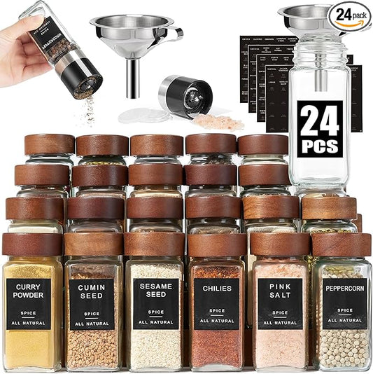 Yangbaga 24Pcs Glass Spice Jars with Labels-4OZ Wood Lid Square Spice Containers with Pepper Grinder Lids &Funnel,Seasoning Jars for Rack Cabinet Drawer