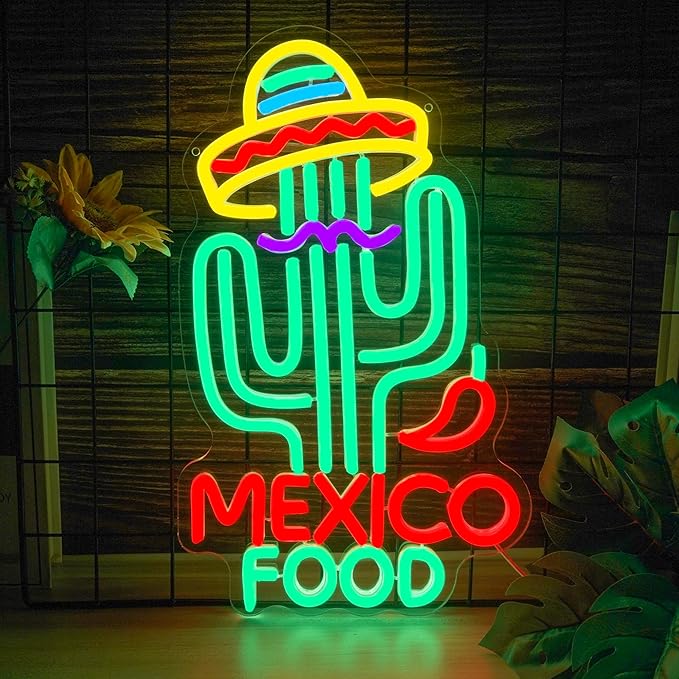 Mexican Food Neon Sign Cactus Neon Lights Dimable Colorful LED Mexican Art Lights Wall Decor for Mexican Restaurants Bars Food Trucks Unique Gift for Taco Enthusiasts Fiesta Parties (15×9.1inch)