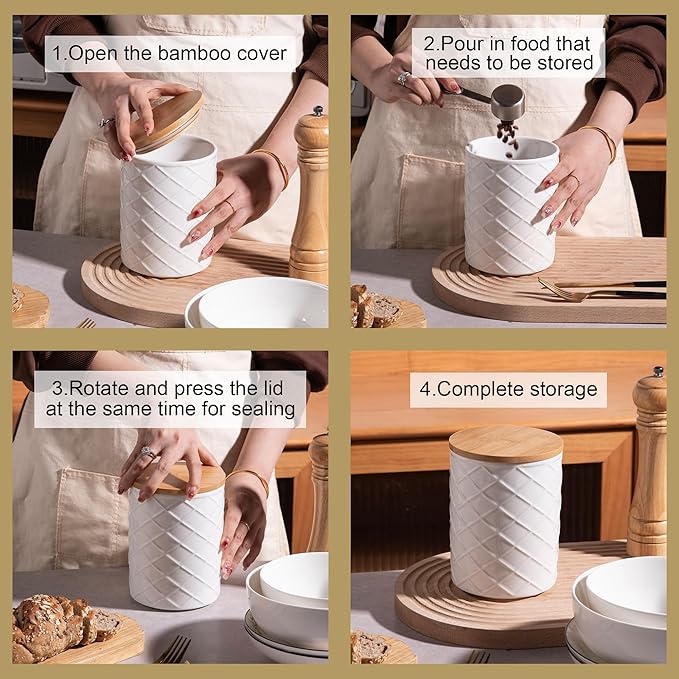 Sweejar Ceramic Canisters Sets for Kitchen Countertop, Relief Food Storage Jar with Bamboo Lid, Stackable Container for Flour, Coffee, Pasta, Cereal, Tea, Cookies, Sugar, Spices, Pack of 4 (White)
