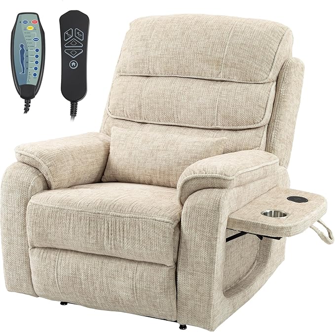 Power Lift Recliner Chair for Adults Elderly Lay Flat Velvet Recliners with Massage Heating, Extended Footrest, Wireless Charging Device, USB Ports, Cup Holder, Lumbar Pillow