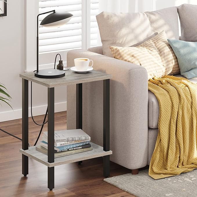 TUTOTAK End Table with Charging Station, Small Side Table with Outlets, Nightstand Bedside Table, 2-Tier Storage Shelf for Small Space, Living Room, Bedroom, Greige TB01BG040