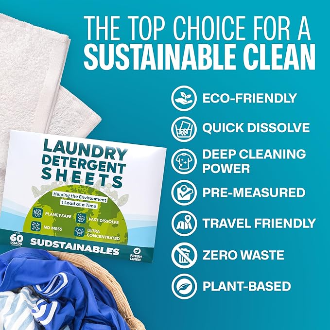 Sudstainables Laundry Detergent Sheets (60 Loads) – Eco-Friendly, Zero Waste, Plastic-Free Laundry Washing Machines Soap Sheets; Dissolvable, Space-Saving Strips for Travel (Fresh Linen)