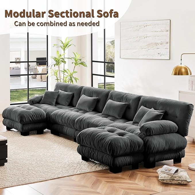 Modular Sectional Sofa U Shaped Sectional Couch, 4 Seater Cloud Couch with Ottoman, Modern Oversized Deep Seat Couches for Living Room, Comfy Chenille Sofa with 6 Throw Pillows, Gray