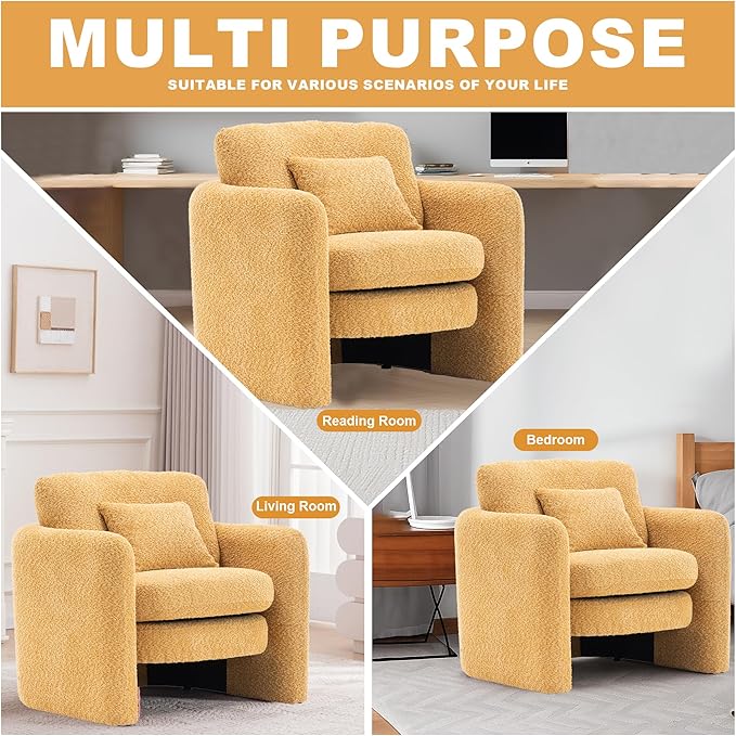 Chenille Accent Armchair Oversize Upholstered Barrel Comfy Modern Round Lounge Sofa Chair with Pillow Cozy Reading Chairs for Apartment,Office,Living Room,Dining,Makeup,Club,Yellow 2SET