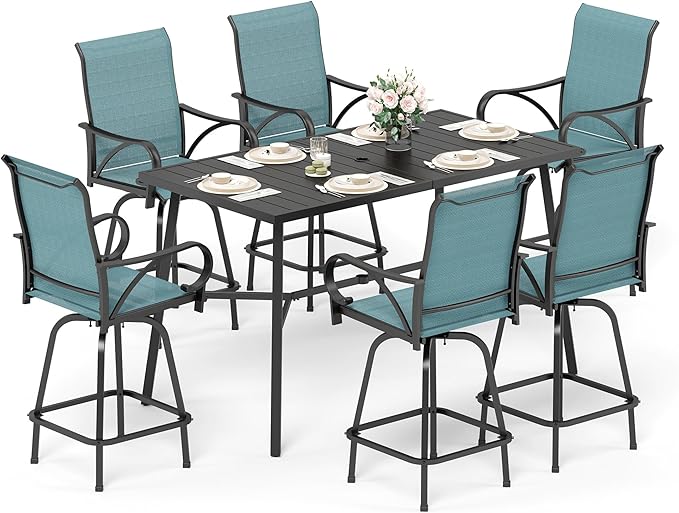 Sophia & William Outdoor Bar Set, Patio Bar Table and Chairs Set, Bar Height Patio Set - 6 x Swivel Bar Chairs(Baby-Blue), 1 x Rectangular Bar Table(Black)