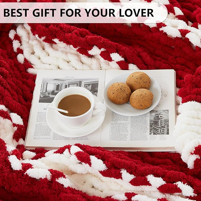 L'Agraty Chunky Knitted Throw Blanket: 80''x90'' Chenille Throw for Bed & Couch - Handmade Thick Cable Knit - Large Crochet Blanket (Red White)