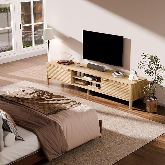 TV Stand for Living Room - up to 80 Inch TVs Mid Century Modern Entertainment Center with Storage and Adjustable Shelves, Media Console Table Oak 70"