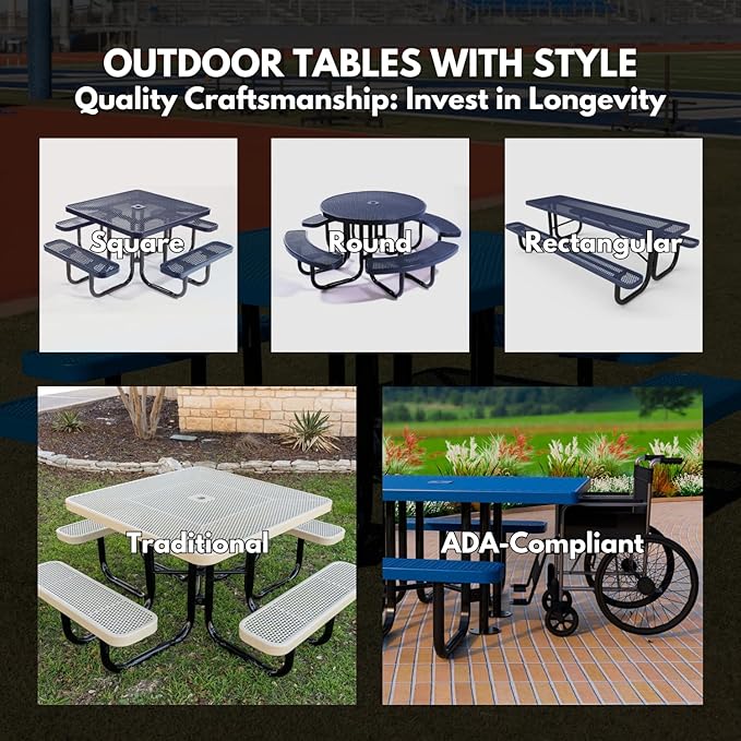 Coated Outdoor Furniture Heavy-Duty Portable Outdoor Picnic Table with Umbrella Hole, Punched Steel Commercial-Grade Patio Dining Furniture Made in America (46" Round Top, Textured Dark Blue)