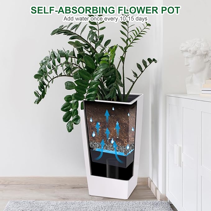 30" Tall Planters Set of 2, Outdoor&Indoor Black Planter Pots, High Front Porch Planter Pots with Drainage Holes&Water Level Monitor Movable Wheels &Inner Bucket, Automatic Watering, White