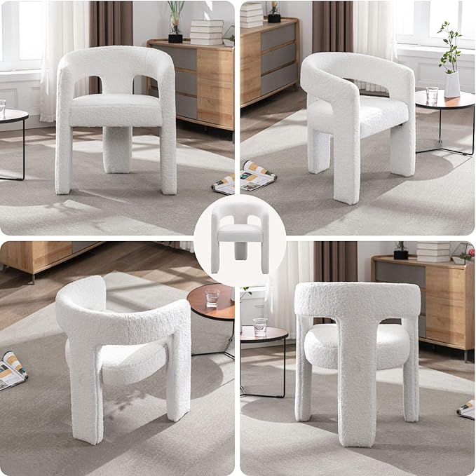 White Boucle Dining Chairs Set of 6, Modern Barrel Dining Room Chairs Upholstered Faux Fur Accent Chair with Arms and Round Back for Living Room Kitchen Armchair No Assembly Needed