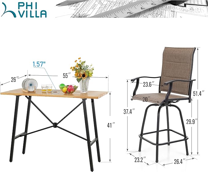 PHI VILLA 5 Piece Outdoor Bar Set, High Top Patio Dining Table and Chairs with 4 Swivel Padded Bar Stools (Brown) & Wood-Like Steel Bar Table for Deck, Garden, Poolside and Porch
