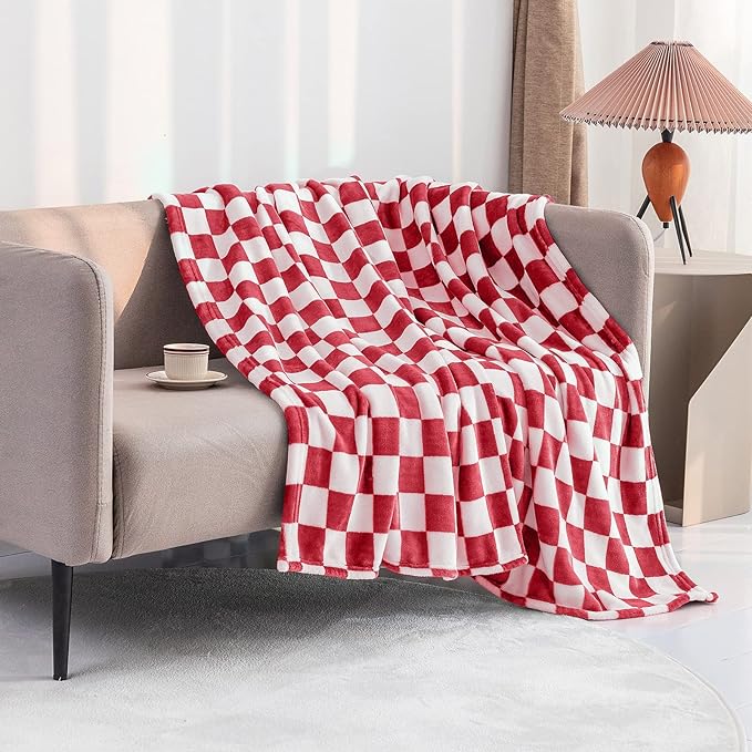 LOMAO Throw Blankets Flannel Blanket with Checkerboard Grid Pattern Soft Throw Blanket for Couch, Bed, Sofa Luxurious Warm and Cozy for All Seasons (Red, 60"x80")