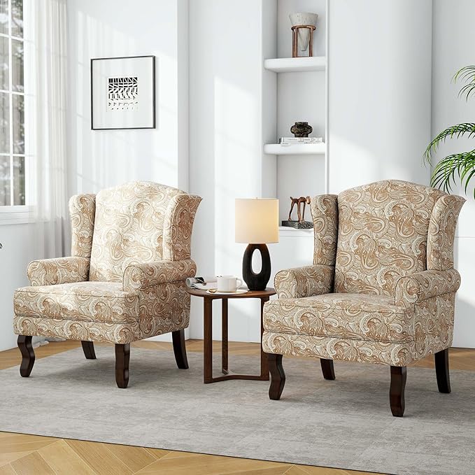 Accent Chair, High Back Upholstered Armchair with High Resilience Sponge & Wood Legs, Mid-Century Modern Comfy Single Sofa Reading Chairs for Living Room, Bedroom (Floral Sand, Set of 1)