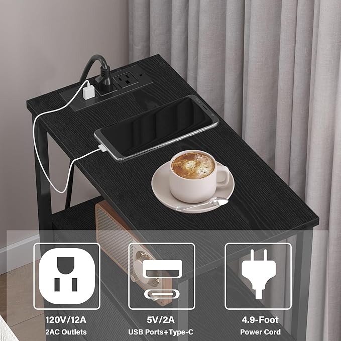 TUTOTAK Narrow LED Night Stand with Charging Station, Slim End Table with Plugins, Tall Side Table with 3 Fabric Drawer, Small Bedside Table with Storage, for Living Room, Black TB01BK086L