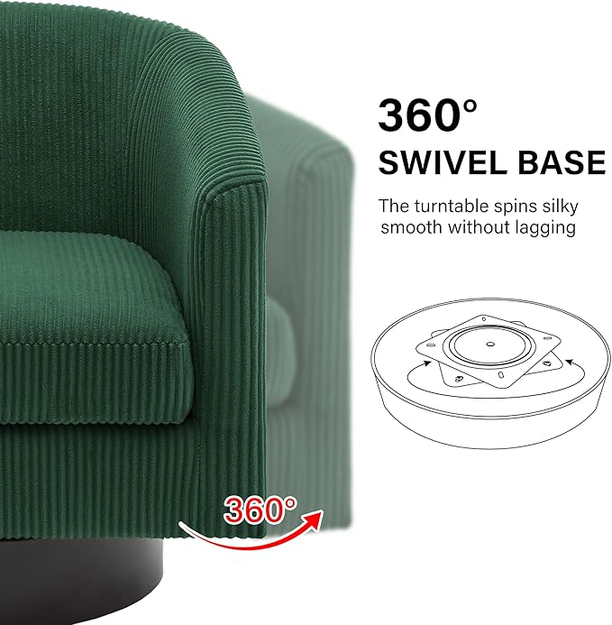 Swivel Barrel Accent Chair, Modern Round Corduroy Fabric Arm Chair for Living Room, Bedroom, Comfy Club Reading Chairs for Adults (Corduroy Dark Green, Set of 4)