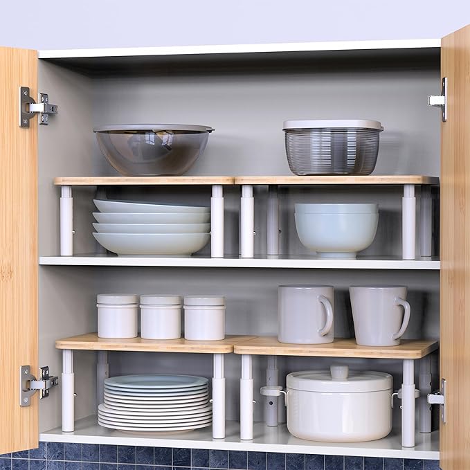 Cabinet Organizer Shelf, Spice Rack Set of 2 Kitchen Pantry Cupboard Shelves, Stackable, Height Adjustable, Natural Bamboo (11.7" W)