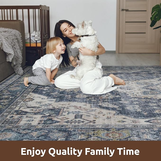 AMOAMI-3X5 Area Rug-Soft Washable Vintage Throw Accent Rugs for Living Room, Entryway, Bedroom, Kitchen, Bathroom, Laundry Room, Kitchen, Bathroom, Bedside, No Slip Blue